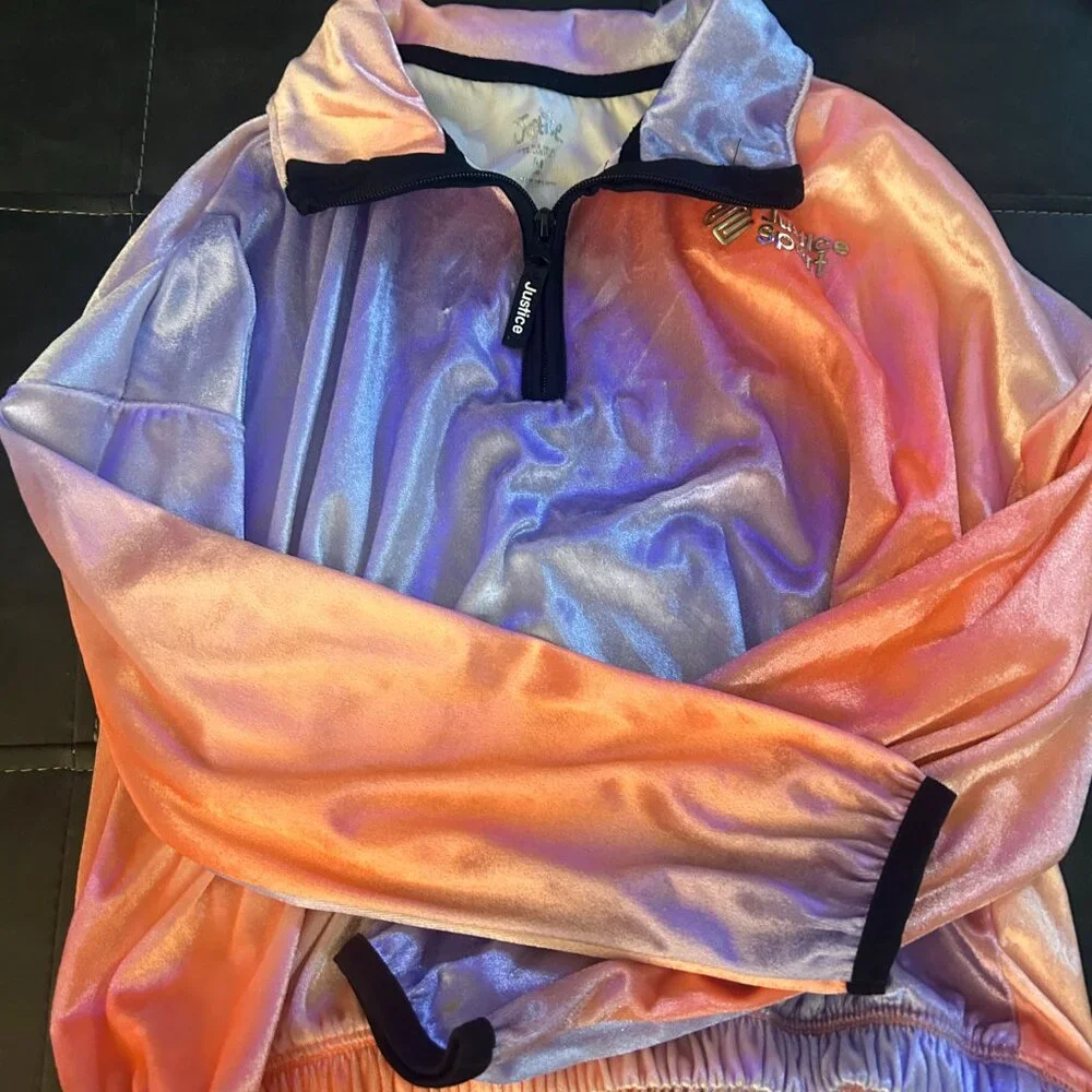 Justice Sport girl's purple orange velour half zip pullover jacket, medium